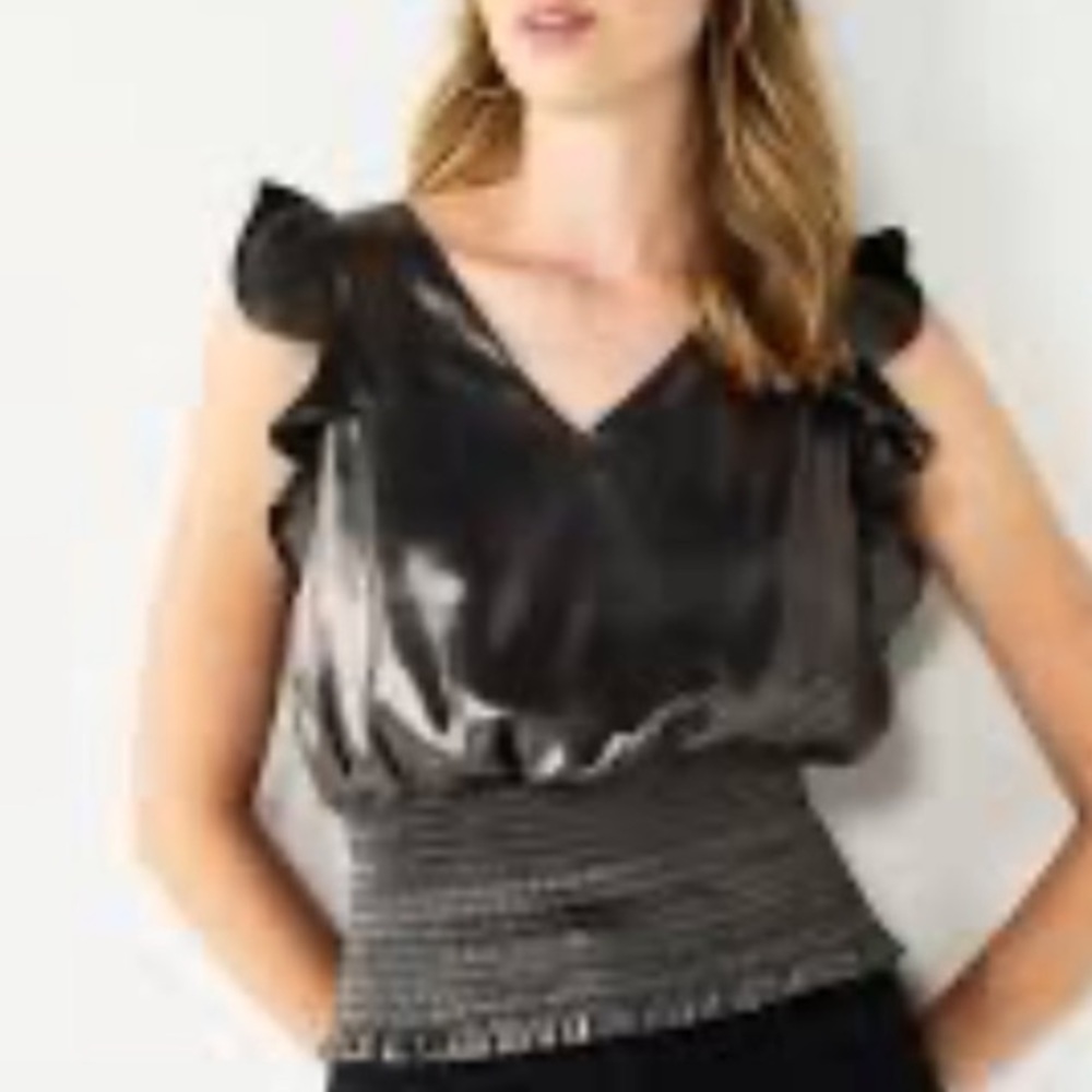 NINE WEST Black Shimmery Sleeveless V Neck Ruffled Top NWT